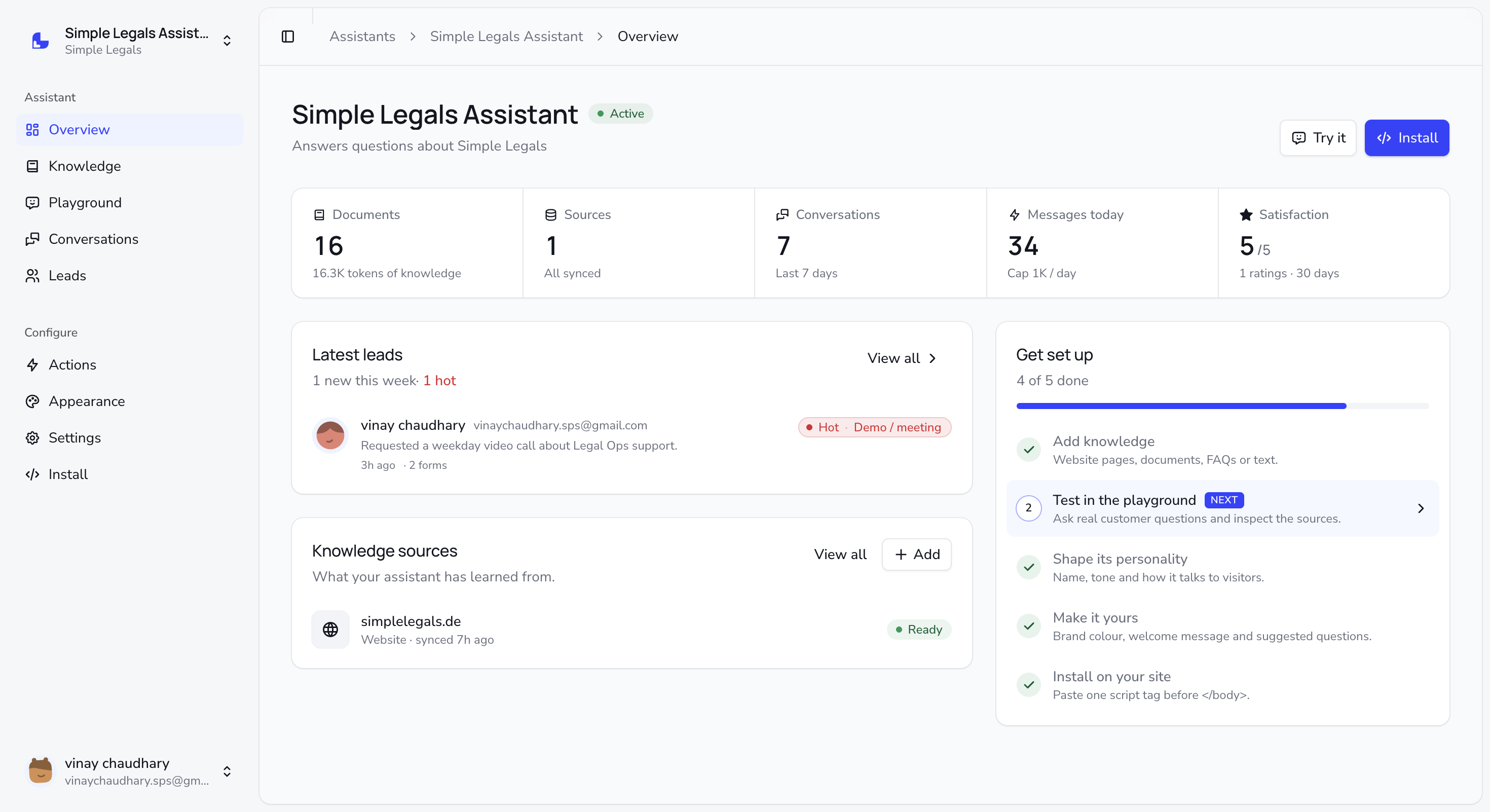 BusinessLyft assistant dashboard showing documents, conversations, latest leads and setup progress